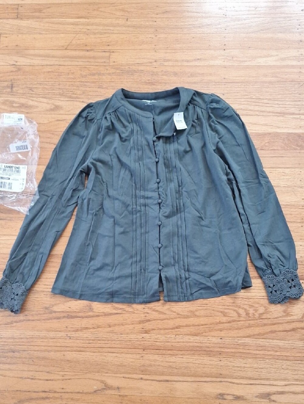 Lands' End Olive Green Pintuck Button-Front Blouse